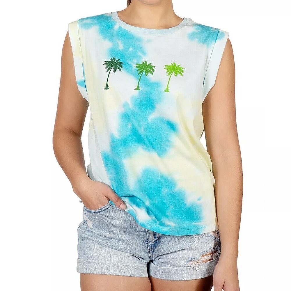 JR448 Rebellious One Blue Juniors' Rolled-Sleeve Graphic Tie-Dyed T-Shirt Size L